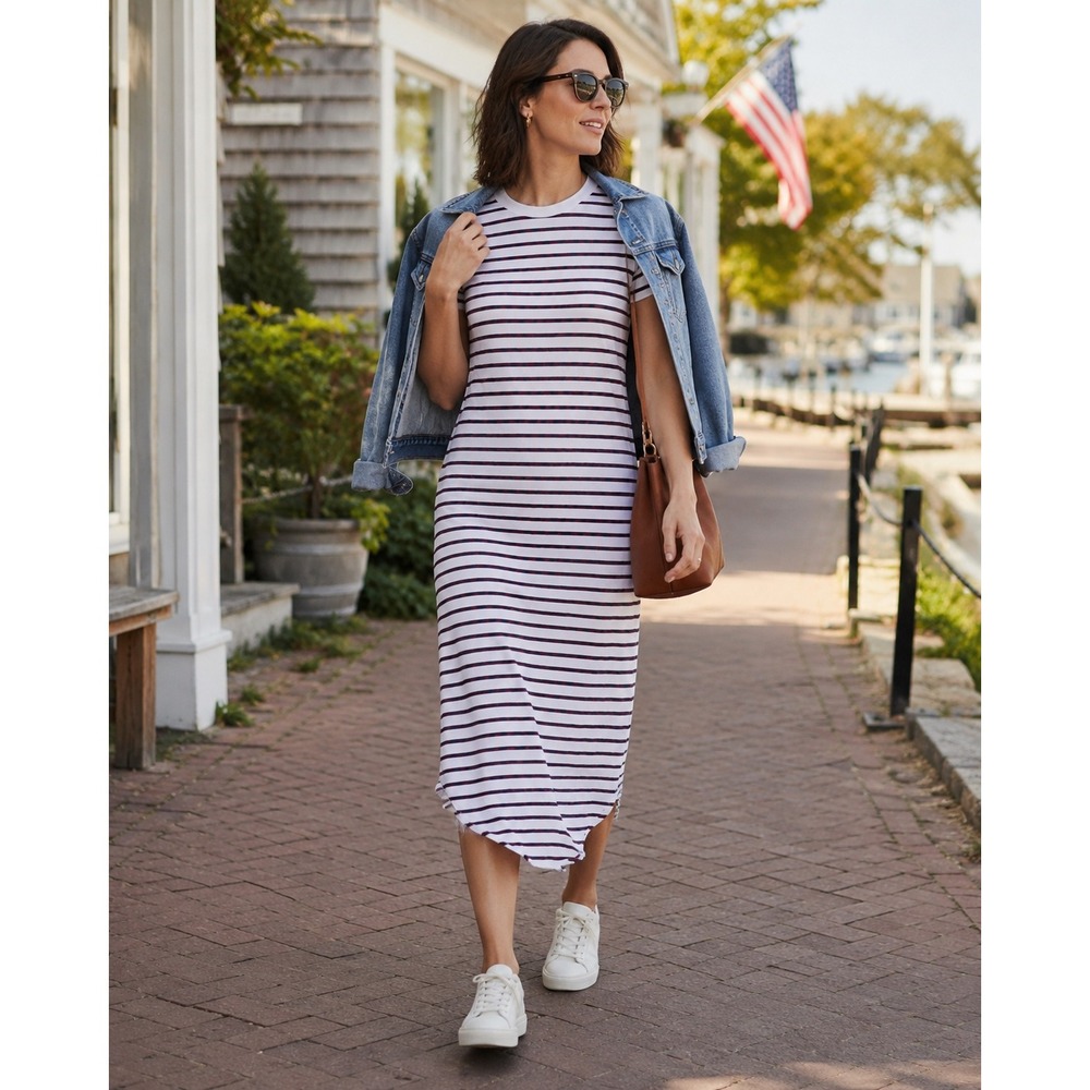Frank & Eileen Harper Striped Cotton Asym Hem Maxi T-Shirt Dress XS Minimalist
